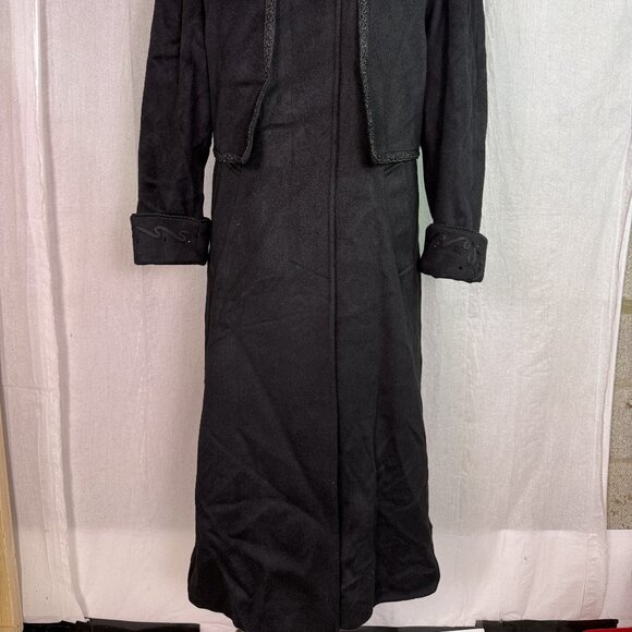 Vtg Lorovi Black Wool Coat Cape Collar Trim Elegant Overcoat Check Measurements - Picture 2 of 11